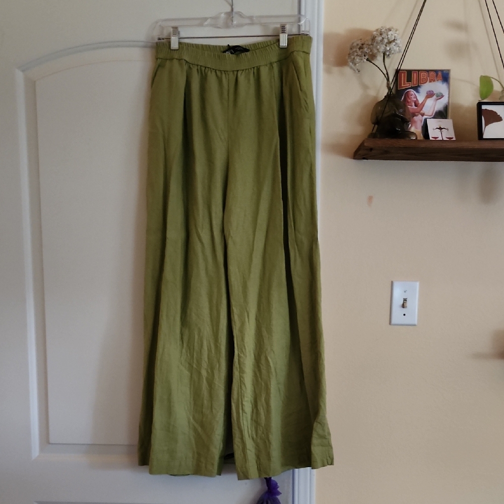 Zara Green Linen Wide-Leg Pants